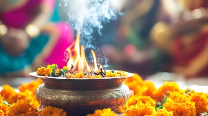 Ceremonial setting with incense and marigolds, women in traditional attire in background