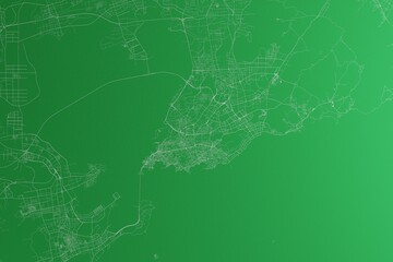 Map of the streets of Qingdao (China) made with white lines on green paper. Rough background. 3d render, illustration