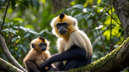 image of a  Gibbon monkey mother with her child in the dense forest, generative ai