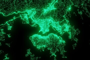 Map of the streets of Hong Kong made with green illumination and glow effect. Top view on roads network. 3d render, illustration