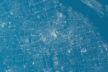 Map of the streets of Shanghai (China) made with white lines on blue background. 3d render, illustration