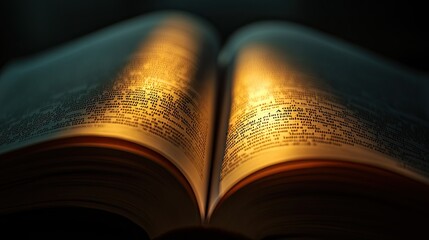 A close-up of a books pages with warm light creating a soft glow, highlighting the text and textures.