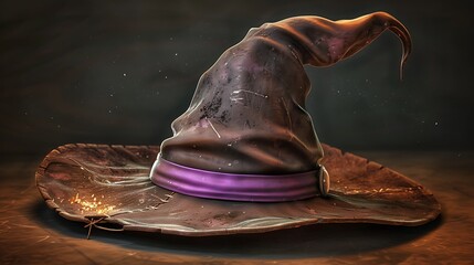 A detailed witch’s hat, with a large brim and a purple ribbon around the base, showing slight wear and a mysterious aura