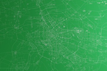 Map of the streets of Tianjin (China) made with white lines on green paper. Rough background. 3d render, illustration