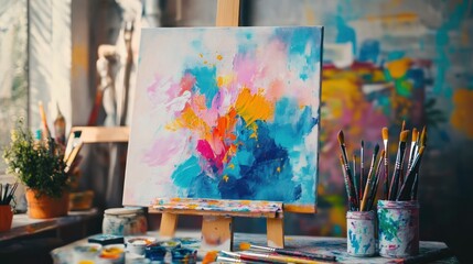 Colorful abstract painting on canvas on easel with paint brushes in jars on table.