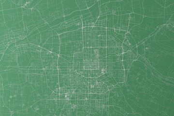 Stylized map of the streets of Xian (China) made with white lines on green background. Top view. 3d render, illustration