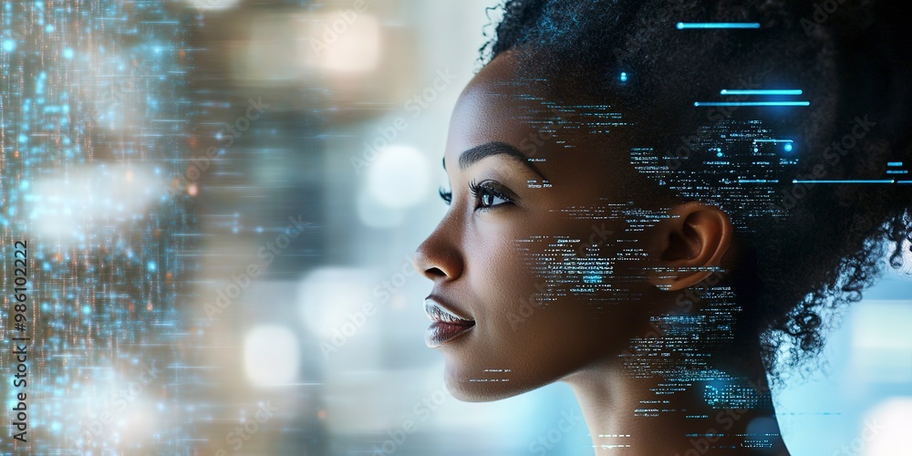 Poster side profile portrait of a black female with a tech pattern overlay, a diverse cyber security analys