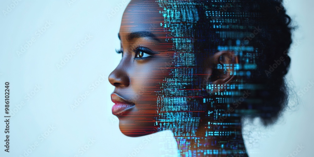 Poster side profile portrait of a black female with a tech pattern overlay, a diverse cyber security analys