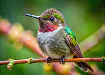 Fototapeta premium Perched on a slender twig, a hummingbird wraps its head in its soft feathers, surrendering to exhaustion, its tiny form beset by the weight of the day.