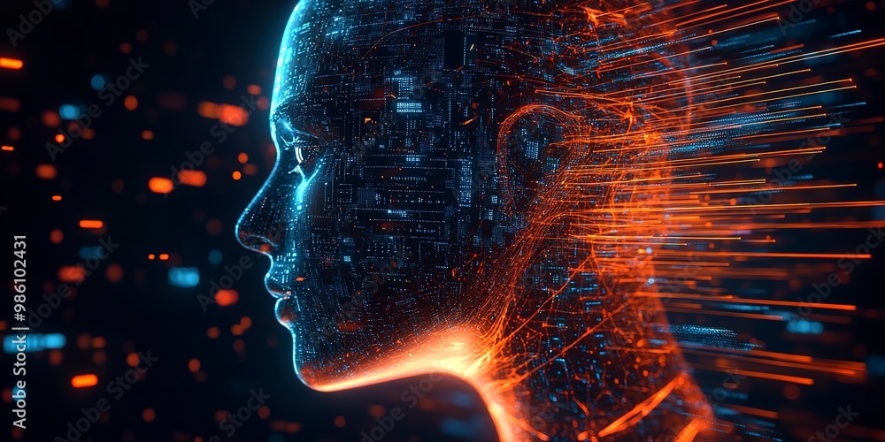 Aufkleber side profile of a futuristic artificial intelligence computer head with glowing lines and data
