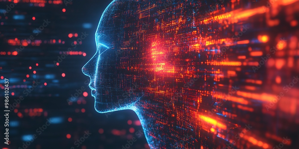 Aufkleber side profile of a futuristic artificial intelligence computer head with glowing lines and data