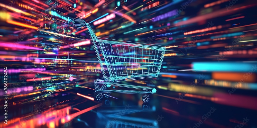 Poster shopping cart is on computer screen with many lines and bright colors for online shopping concept. t