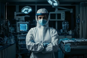 Woman Doctor in Hospital Suit and Medical Mask in an Operating Room. AI generated illustration