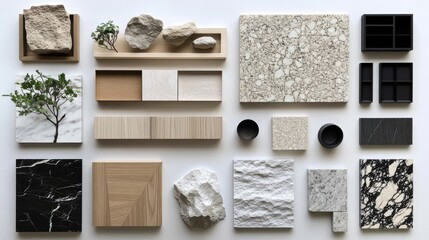 Assorted marble and stone tiles displayed with decorative plants and textured surfaces