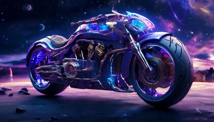 A sleek and shiny futuristic motorcycle sits under a vibrant cosmic sky. The glowing blue and purple lights reflect off the bike