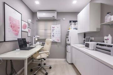 Modern Clinic Office with Breast Cancer Awareness Poster for Health Education and Medical Consultations