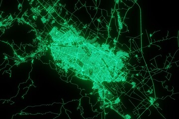 Map of the streets of Mashhad (Iran) made with green illumination and glow effect. Top view on roads network. 3d render, illustration