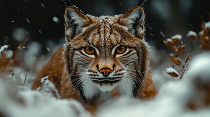 Obraz premium A lynx prowls through a snowy landscape, showcasing its striking features.