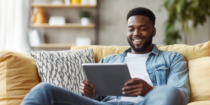 Relaxed smiling african american man holding digital tablet computer using apps sitting on couch at home. Black guy remote learning, social distance working, ordering buying online or reading e book.