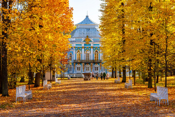 Hermitage pavilion and autumn foliage in Catherine park, Pushkin, Saint Petersburg, Russia