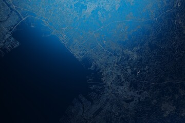 Street map of Chiba (Japan) engraved on blue metal background. View with light coming from top. 3d render, illustration