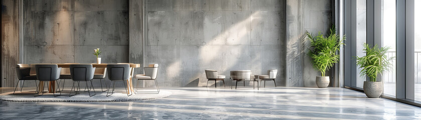 Modern luxury dining room with spacious layout, featuring wooden dining table, stylish chairs, and large windows allowing natural light to illuminate concrete walls. greenery adds refreshing touch