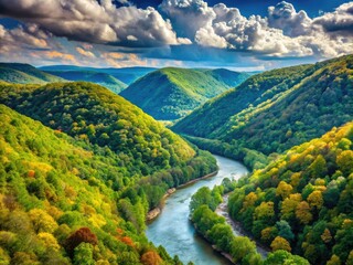 Obraz premium Rolling hills and forested mountains with a picturesque river running through a vibrant valley in West Virginia
