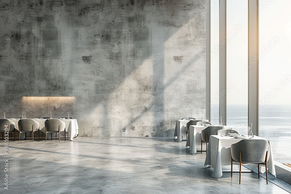 Aufkleber modern dining room with elegant tables and stunning ocean view, featuring minimalist design and natu