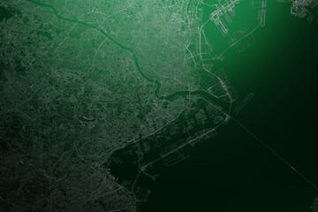 Street map of Kawasaki (Japan) engraved on green metal background. Light is coming from top. 3d render, illustration