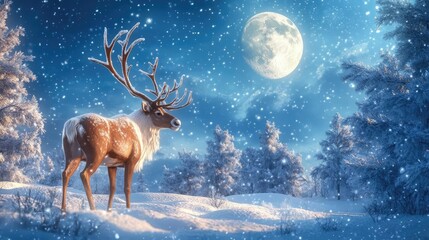 A majestic reindeer standing in a snowy landscape under a bright moon, creating a serene winter wonderland scene.