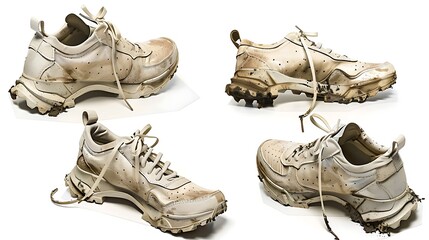 Pair of sneakers on transparent cutout, different angles, worn, muddy, laces untied, mockup template for footwear branding --no background 