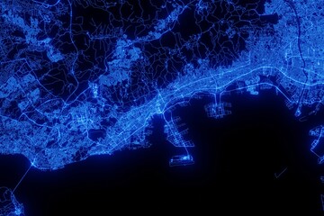 Street map of Kobe (Japan) made with blue illumination and glow effect. Top view on roads network