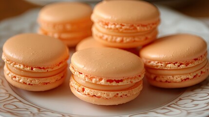 Obraz premium A close-up of peach-colored macarons on a white plate, perfect for a sweet and elegant treat.