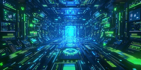 Quantum computer technologies background blue and green colour 