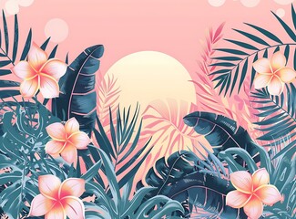 Naklejka premium Tropical Leaves and Flowers Illustration with Pink Background