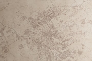 Map of Islamabad (Pakistan) on an old vintage sheet of paper. Retro style grunge paper with light coming from right. 3d render