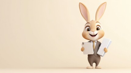 Cheerful Cartoon Rabbit with Tablet Representing Technology and Business