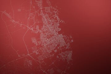 Map of the streets of Doha (Qatar) made with white lines on abstract red background lit by two lights. Top view. 3d render, illustration