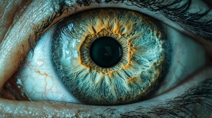 A close up of a person's eye with a green iris