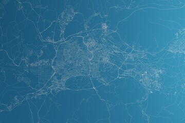 Map of the streets of Daegu (South Korea) made with white lines on blue paper. Rough background. 3d render, illustration