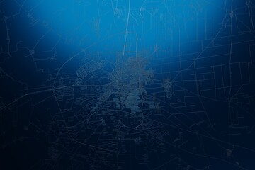Street map of Homs (Syria) engraved on blue metal background. View with light coming from top. 3d render, illustration