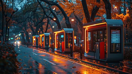 Fototapeta premium Autumn evening glow at modern bus stops amidst colorful foliage in a tranquil urban park. Generative AI
