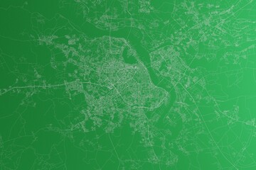 Map of the streets of Hanoi (Vietnam) made with white lines on green paper. Rough background. 3d render, illustration