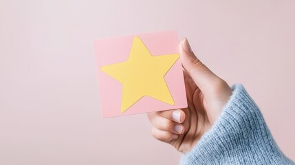 Closeup of satisfied customer holding a fivestar rating card, expressing approval