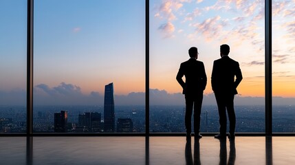 Business Partners Overlooking Cityscape at Sunset