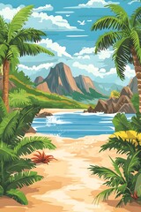 Tropical Beach with Palm Trees and Mountain Landscape