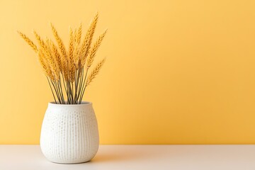 Dried Wheat in a White Vase on Yellow Background