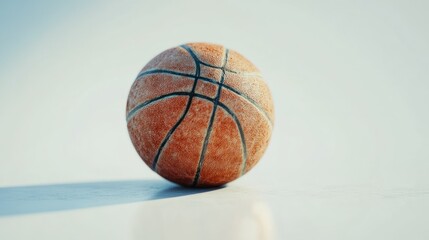 Close-up of a worn basketball on a white background with a subtle shadow.