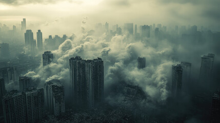 Fototapeta premium A city skyline shrouded in a thick cloud of smoke and ash, with buildings partially collapsed after a major earthquake, capturing the scale of destruction and the sense of despair.