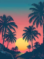 Fototapeta premium Tropical Sunset with Palm Trees Silhouette